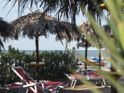 Beach with straw umbrellas and red loungers near the sea.