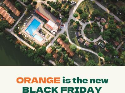 Vista aerea con piscina, promozione Black Friday in arancione.