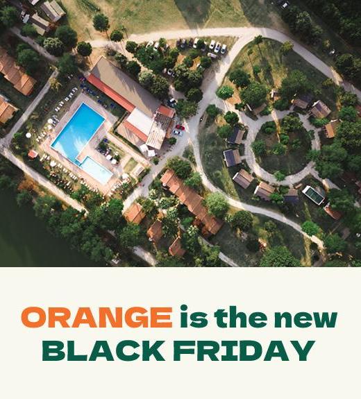 Vista aerea con piscina, promozione Black Friday in arancione.