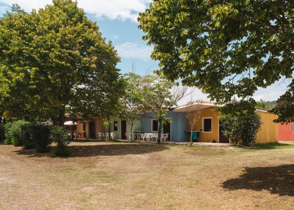 Colorful houses among trees, with white chairs outside.