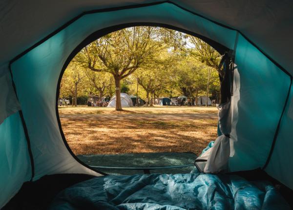 Vista dall'interno di una tenda su un campeggio soleggiato.