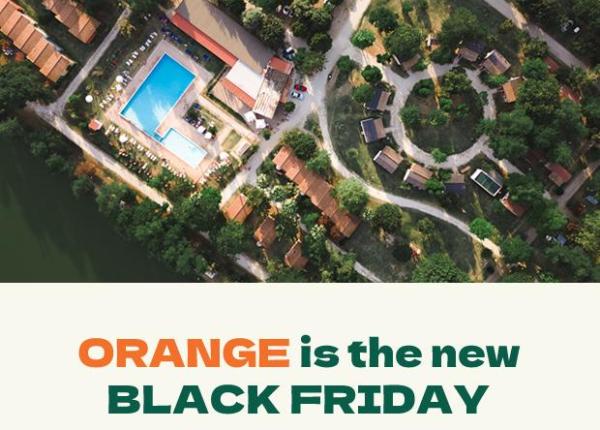 Vista aerea con piscina, promozione Black Friday in arancione.