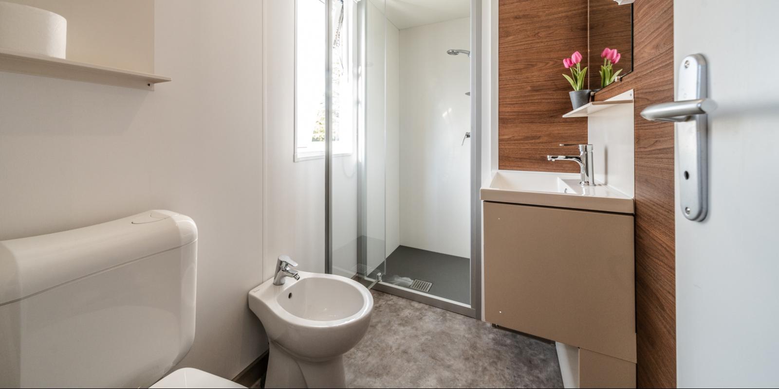 Modern bathroom with shower, bidet, and sink, decorated with flowers.