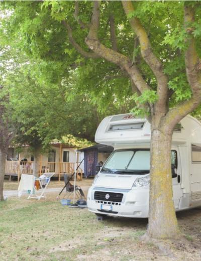 Camper bianco parcheggiato all'ombra di un albero in un campeggio con bungalow.