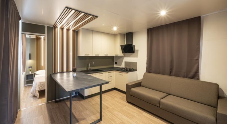 Modern studio with kitchen, sofa, and bedroom.